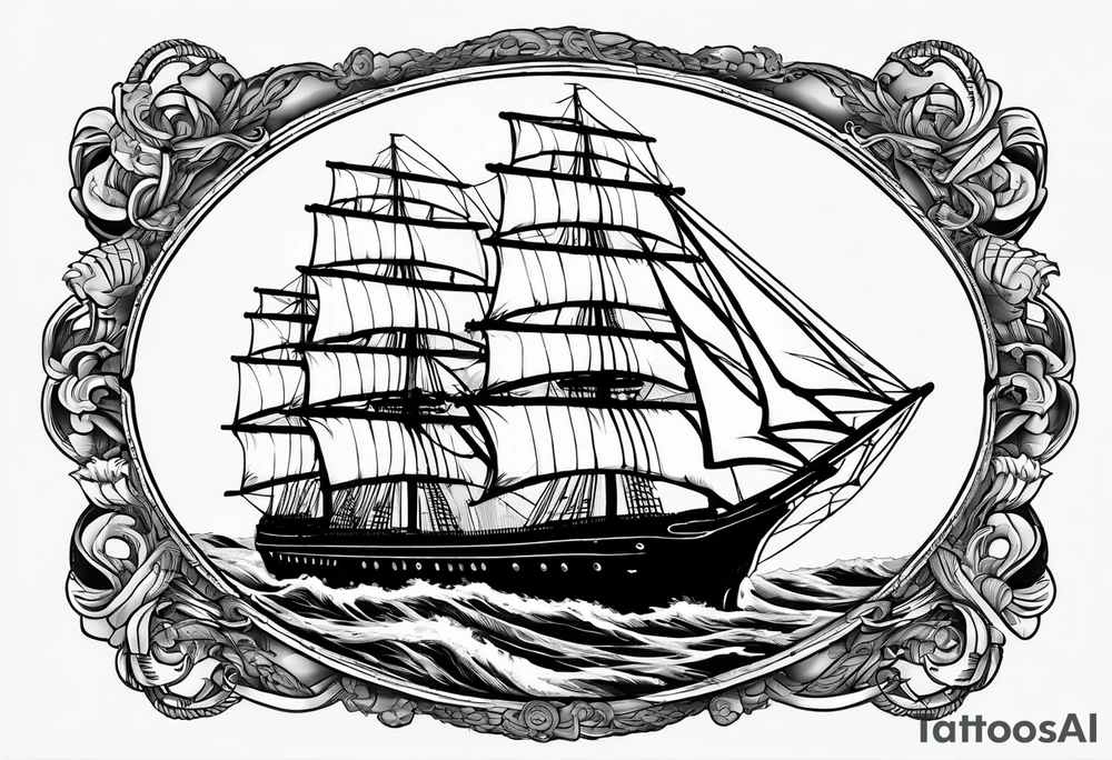 sailing ship in rough seas in oval with rope border super imposed over crossed cannons with banner that says US Navy tattoo idea