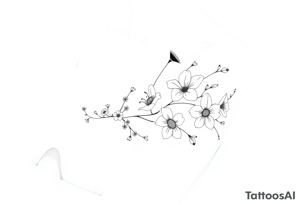 This tattoo is on a woman. It is a line of flowers connected by a single stem. It starts on her left pectoral with a Glaiolus and Daisy together, then the tatoo rises over the left shoulder and down the arm and ends at the elbow. The tattoo will include a primrose, Calla Lily, and a Lilly. It will be light on color except in the petals and has light shading to make it pop. tattoo idea