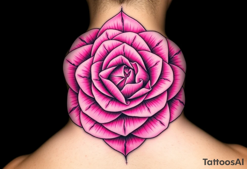 The pink rose appears as if viewed through a mesmerizing kaleidoscope, with its delicate petals radiating outward in a perfectly symmetrical, fractal-like pattern. Shades of soft blush and vibrant magenta blend seamlessly, creating a hypnotic, almost surreal visual effect that draws the eye deeper into its intricate layers. The petals seem to fold and reflect infinitely, forming geometric shapes that shift and transform, giving the rose an ethereal, dreamlike quality hand tattoo tattoo idea