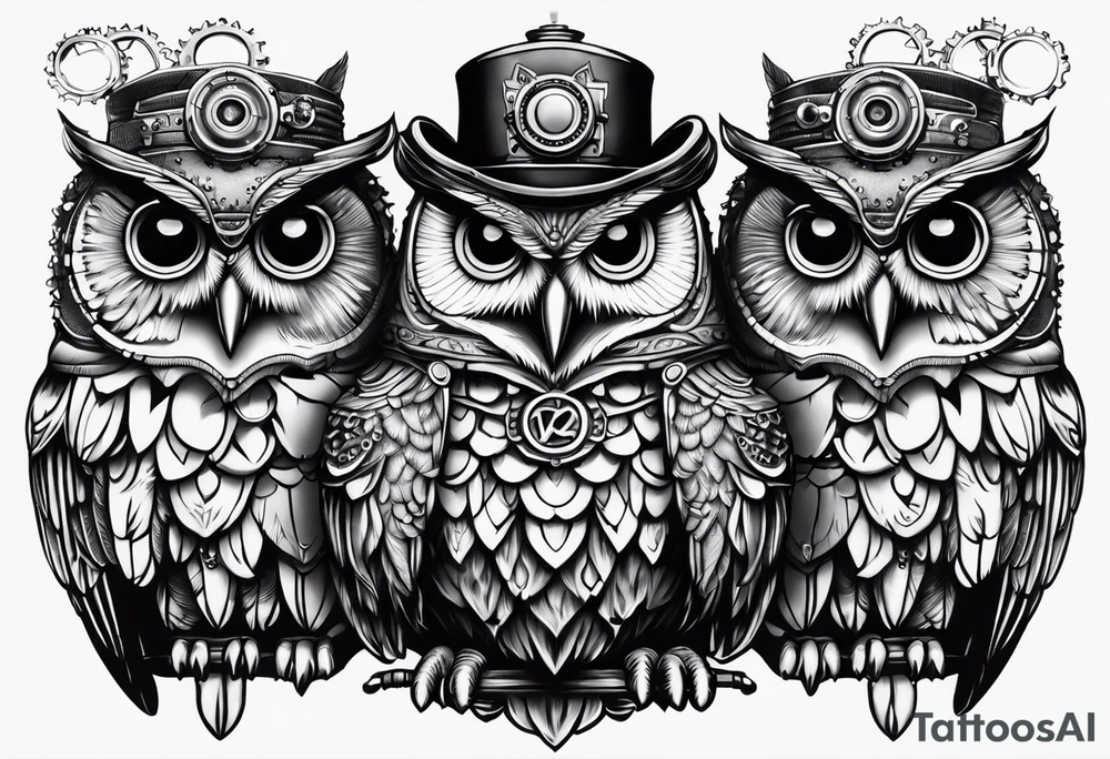 three headed owl in steampunk tattoo idea