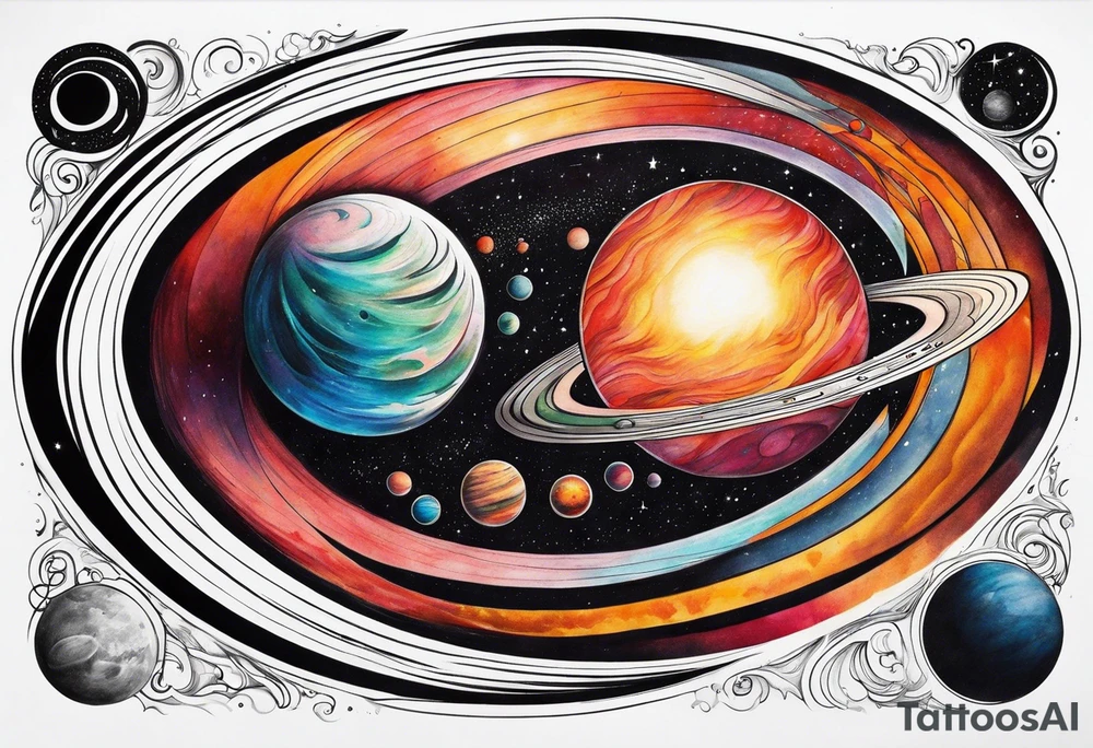 Half sleeve tattoo of planets orbiting a black hole. tattoo idea