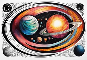 Half sleeve tattoo of planets orbiting a black hole. tattoo idea