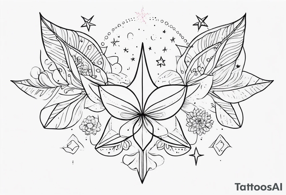 fine line with stars, floral, dots. Sternum tattoo tattoo idea