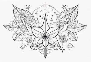 fine line with stars, floral, dots. Sternum tattoo tattoo idea