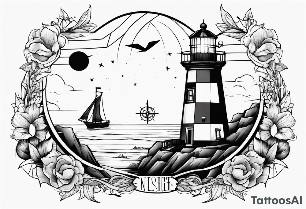 A lighthouse mixed with an anchor and a compass rose tattoo idea