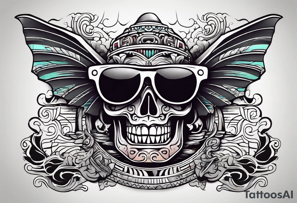Colorful Mayan hieroglyph wearing sunglasses with waves and bats tattoo idea