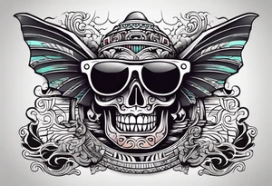 Colorful Mayan hieroglyph wearing sunglasses with waves and bats tattoo idea
