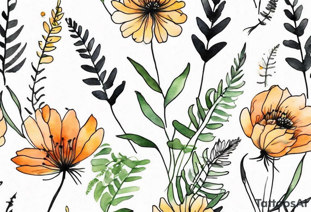 wild flowers long stems bouquet with ferns all watercolor tattoo idea