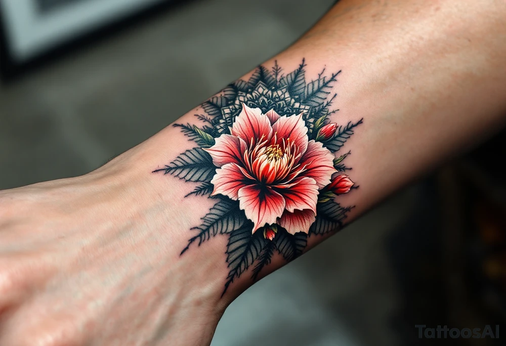 red  and black rhododendron trippy with mandala behind tattoo idea