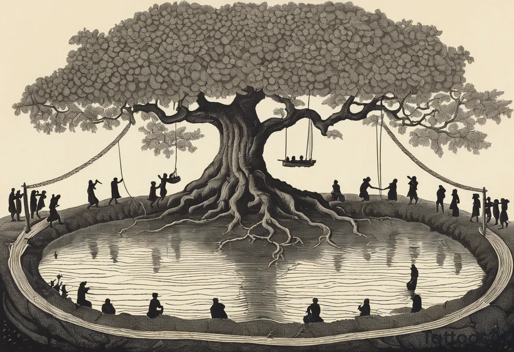 utopia picture of a tree at one level where above the surface is a group of people living in prosperity surrounding a tree. Below the surface the roots of the tree go down and turn into ropes and people are climbing these ropes to try and reach the above the surface. below the people climbing the ropes is hell, wih depicting of war slavery and death. going back to the top, above the tree is a perfection or heaven / nirvana. . include alchemical and occult symbols to depict this journey to enlightenment like religious or astrolligcal symblol. make it a full body tattoo stencil where the top of the tree would be at the chest and the ropes at the legs. tattoo idea