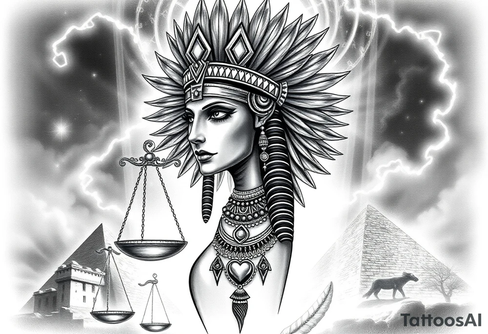 Beautiful Egyptian goddess woman, depicted as a regal woman with an ostrich feather headdress, intense glowing eyes, and intricate ancient Egyptian jewelry. She stands or floats amidst swirling cosmic energy and beams of light, with subtle hieroglyphics and pyramids in the background. Incorporate the Scales of Justice—one side holding a heart, the other Ma’at’s feather—glowing with ethereal energy. Emphasize dramatic lighting, deep shadows, and surreal, mystical atmosphere to match a sleeve with Anubis and cosmic motifs. Design should flow with existing sleeve art, using soft transitions and layered textures. tattoo idea