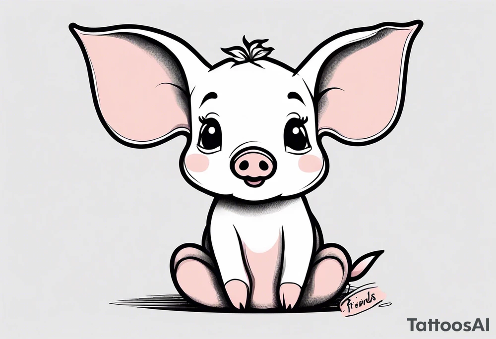 cute simple piglet sitting on bum. big eyes, small/floppy ears. draw with very thin lines minimal shading, black and white only, with text "friends not food", white background tattoo idea