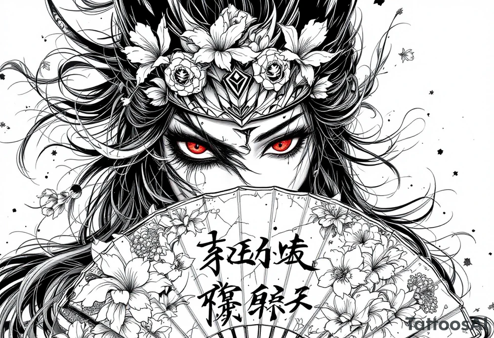 Samurai woman with red eyes wearing an half and broken kitsune mask on her hair and holding an irises flowers hand fan tattoo idea