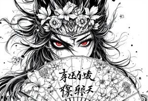 Samurai woman with red eyes wearing an half and broken kitsune mask on her hair and holding an irises flowers hand fan tattoo idea