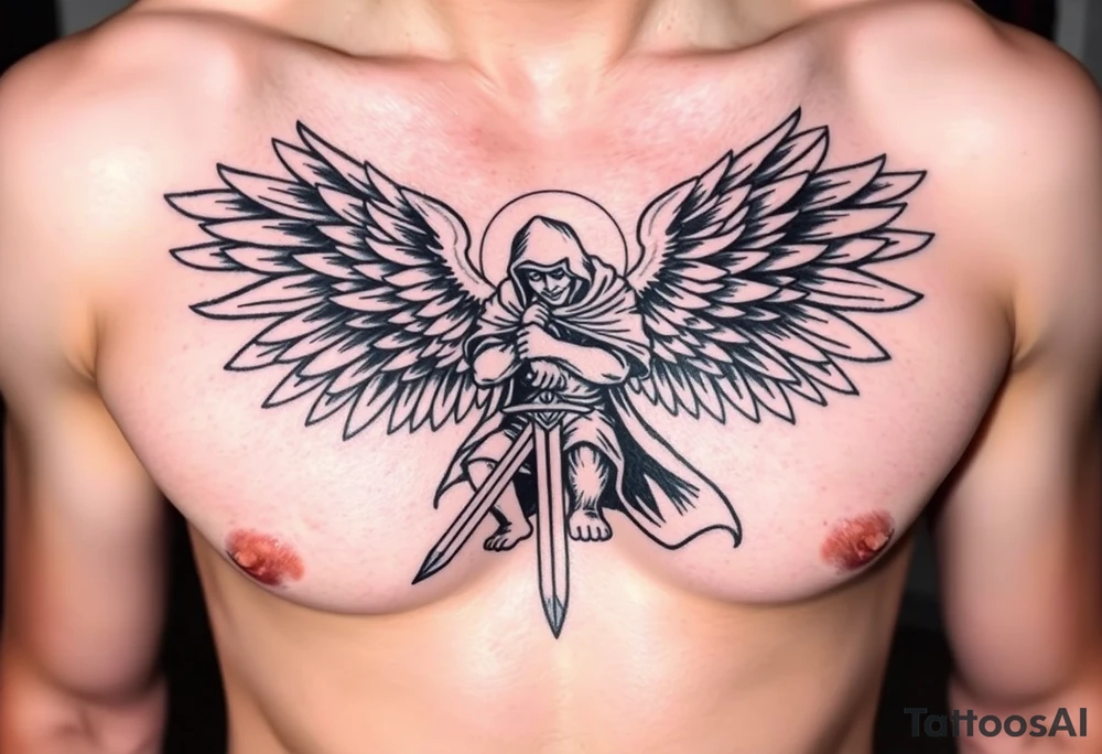 Warrior Angel with long sword  kneeling looking down cloak over head wings
 spread tattoo idea