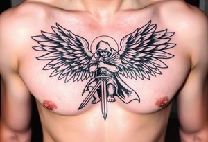 Warrior Angel with long sword  kneeling looking down cloak over head wings
 spread tattoo idea