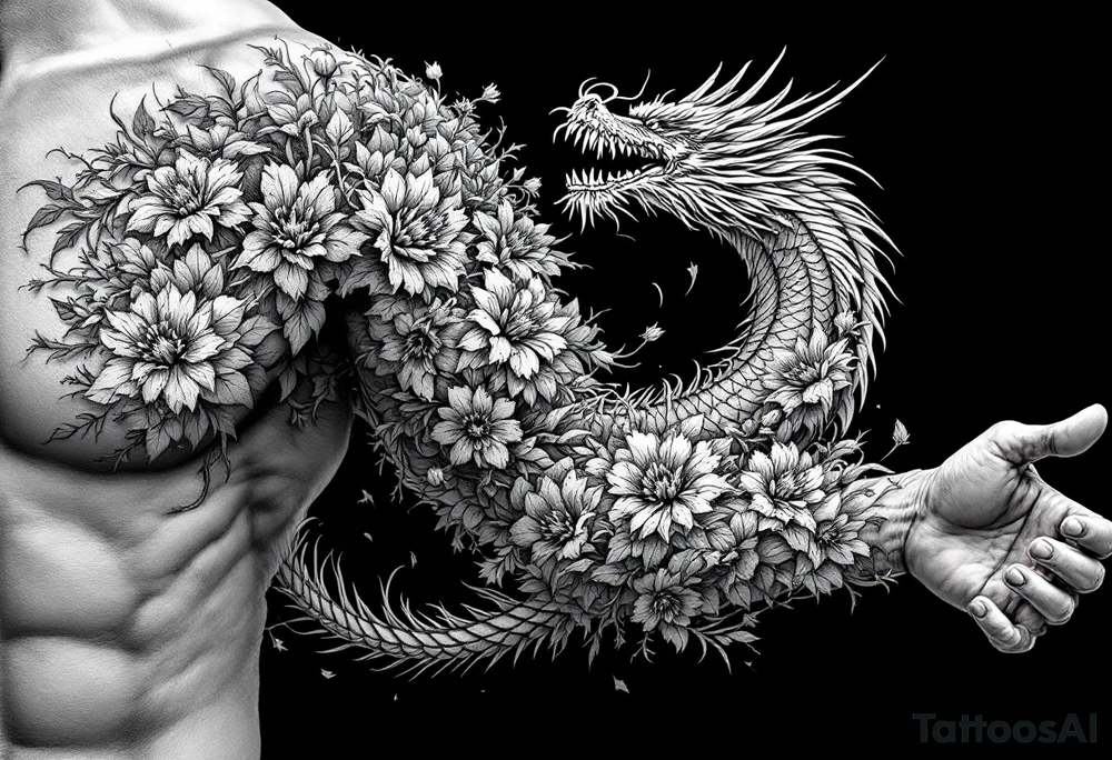 dragon with dead flowers surrounding, going from top to bottom tattoo idea