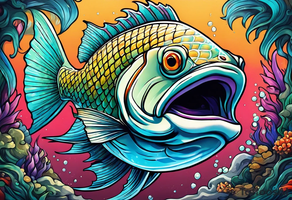 "A large aggressive looking fish riding in a tank, with vibrant colors tattoo idea