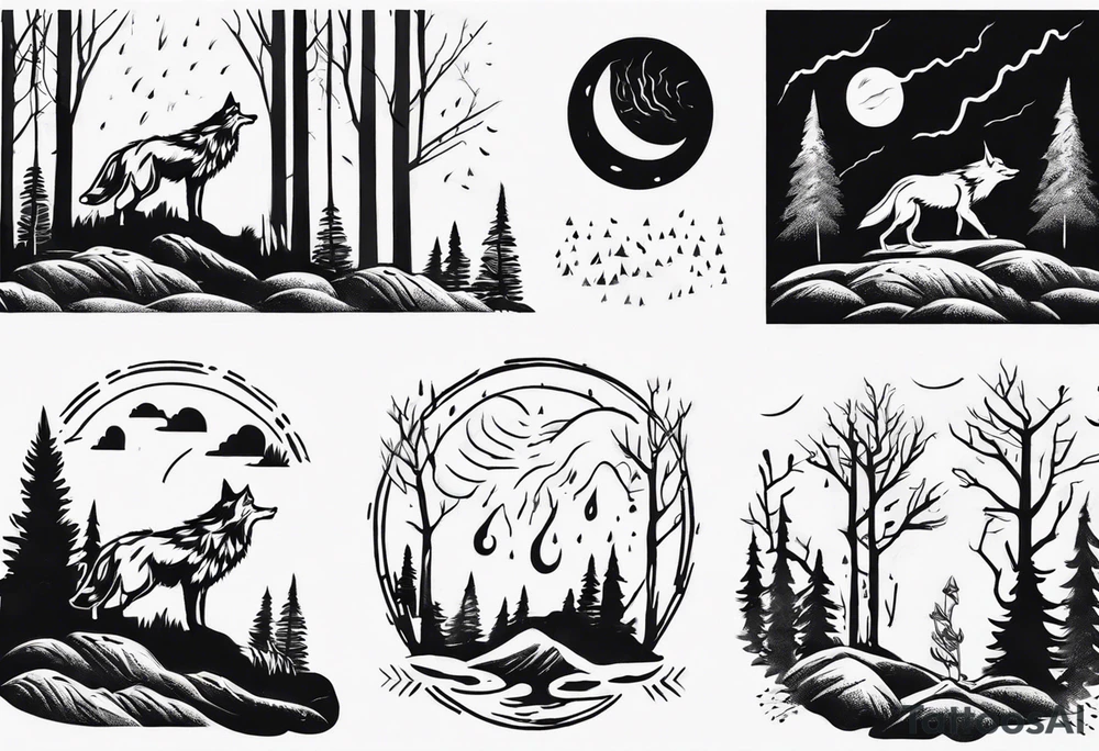 thunderstorm over a forest with a wolf howling on drums tattoo idea thunderstorm over a forest with a wolf howling on drums tattoo idea