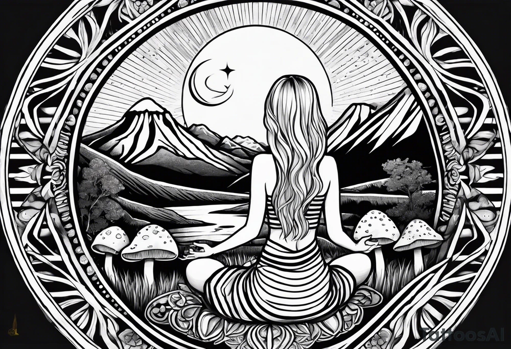 Straight blonde hair girl meditating facing away toward mountains surrounded by mushrooms crescent moon mandala circular design black and white striped dress tattoo idea