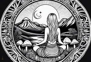 Straight blonde hair girl meditating facing away toward mountains surrounded by mushrooms crescent moon mandala circular design black and white striped dress tattoo idea