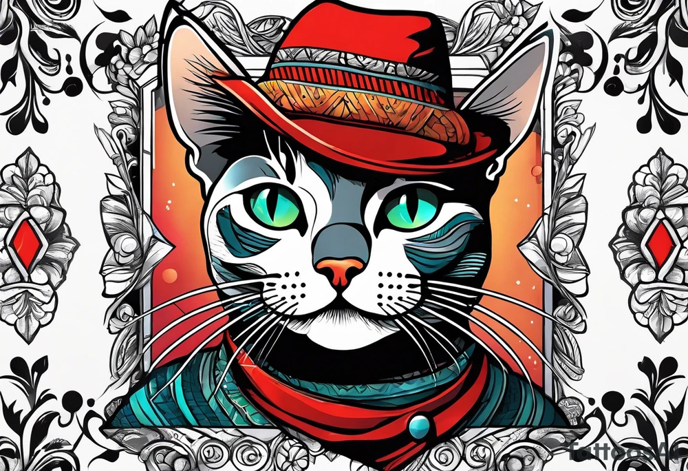 Black cat with a funny hat and a sweater tattoo idea