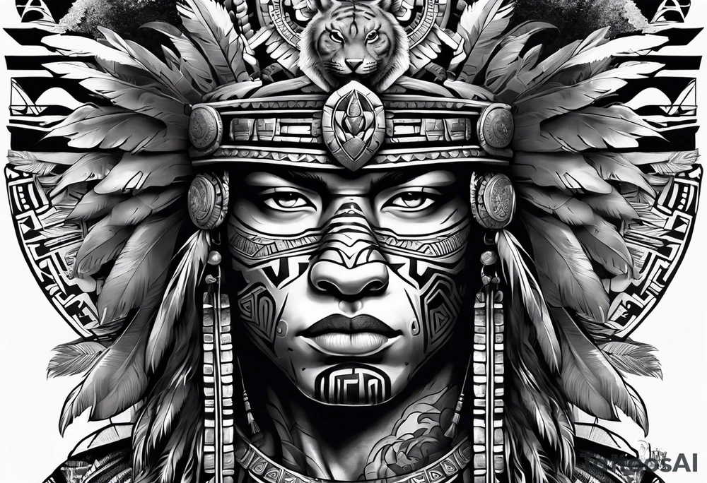 Aztec warrior full body with aztec symbols in the back ground and a tiger pelt on the warriors head tattoo idea