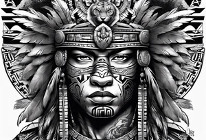 Aztec warrior full body with aztec symbols in the back ground and a tiger pelt on the warriors head tattoo idea
