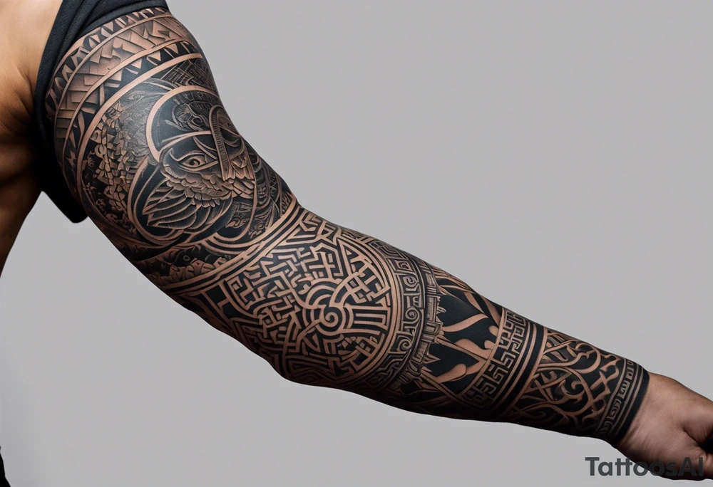 A full tattoo sleeve inspired by Greek mythology, designed with a strong, masculine aesthetic and dark shading to create bold contrasts. The sleeve features a central theme of ancient Greek symbols and deities, intricately woven together with a sense of power and order. The design incorporates an ordered mandala effect, with geometric patterns that add a sense of structure and balance, blending seamlessly with the mythological elements. Key figures like a fierce warrior, perhaps a Spartan or a gladiator, are depicted in dynamic poses, showcasing strength and bravery. Surrounding these figures, include elements like a laurel wreath, the eye of a Greek god, or a shield and spear, all rendered in dark, intense shading to highlight their significance. The mandala patterns serve as a backdrop, providing a structured, almost architectural feel that contrasts with the organic forms of the mythological characters. The overall look is dark, powerful, and deeply symbolic, capturing the essence of ancient Greek heroism and mythology in a way that resonates with a strong, masculine energy tattoo idea