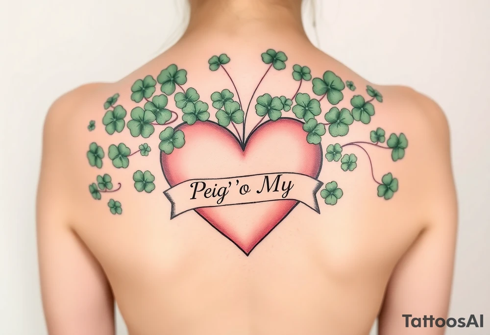 A ton of green shamrocks together with a big pale pink heart with a banner across the heart that says Peg 'o My Heart tattoo idea