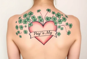 A ton of green shamrocks together with a big pale pink heart with a banner across the heart that says Peg 'o My Heart tattoo idea