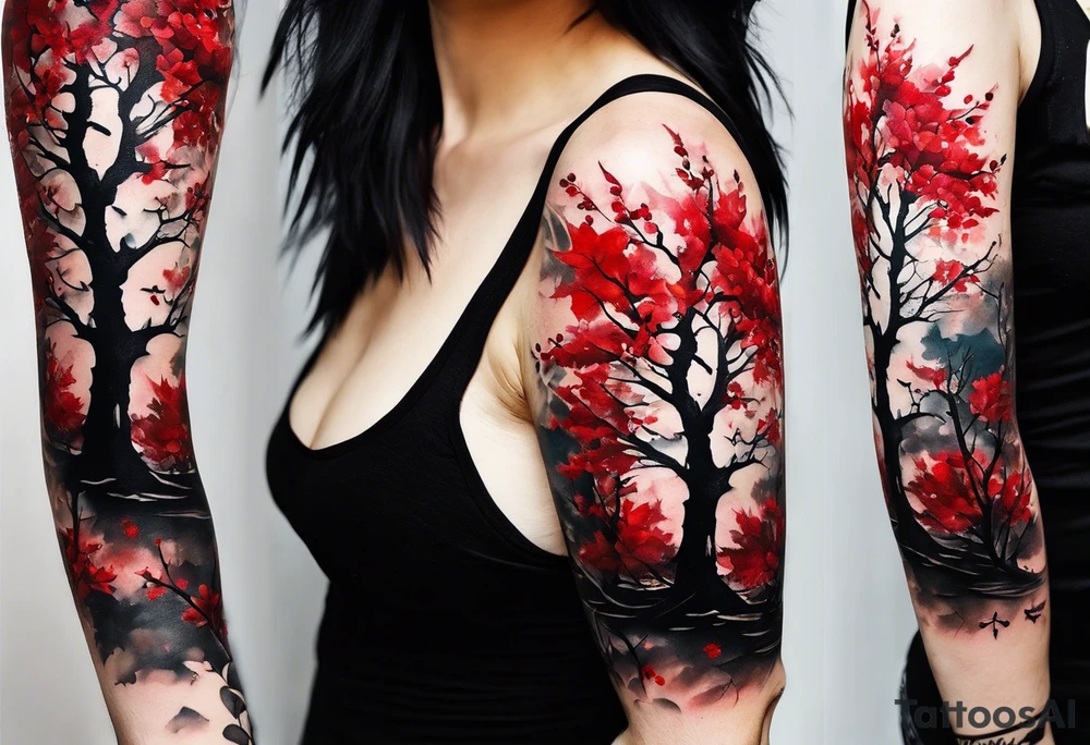 trash polka style. Arm tattoo. chest tattoo. Long tattoo. large tattoo. Full sleeve. Shoulder. A single large maple tree with red autumn leaves that branches upwards from wrist to shoulder. White-throated dipper bird on the trees branches. Calluna flowers at the base of the trees stem. Tree stem has dark colors. Red/yellow sunset behind the trees stem. Leaves falling. tattoo idea
