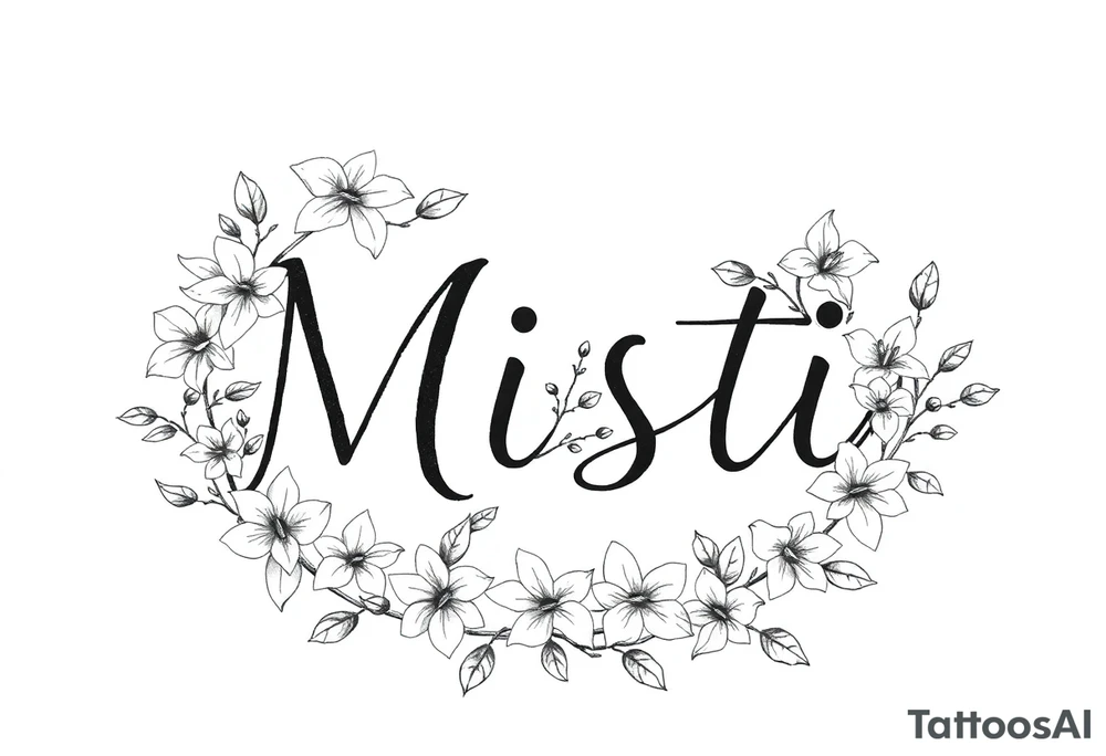 The word Misti surrounded by flowers, lilies. Vine in the letters. tattoo idea