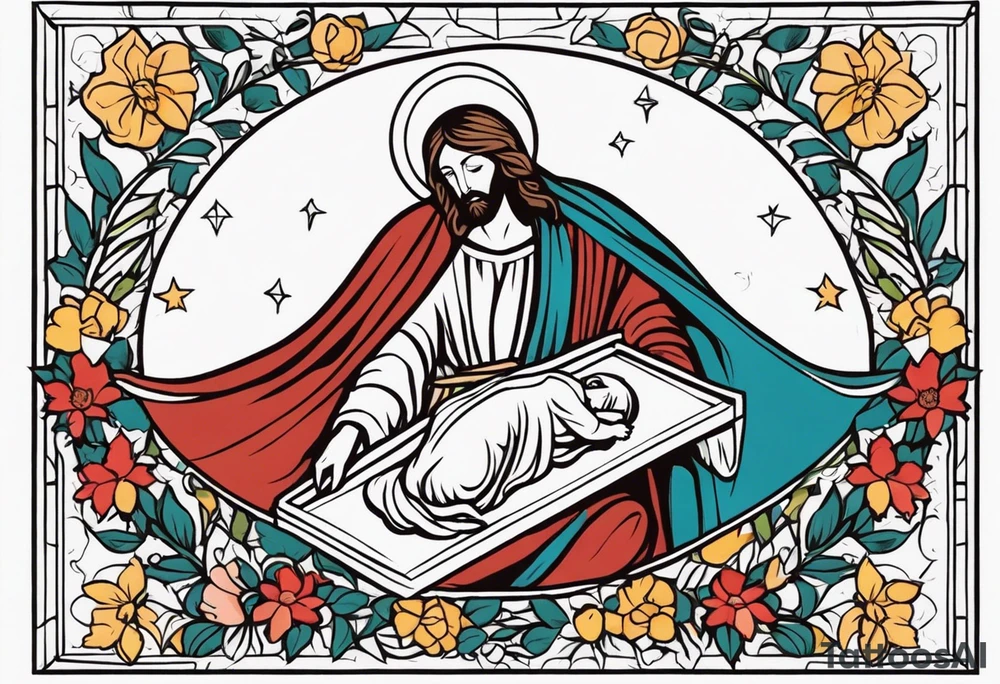 jesus in manger

old school vintage simple traditional design with vintage flowers surrounding it bold color simple tattoo idea
