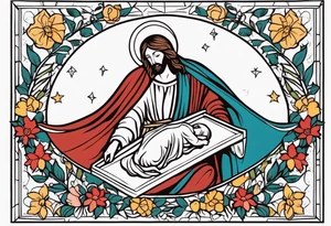 jesus in manger

old school vintage simple traditional design with vintage flowers surrounding it bold color simple tattoo idea