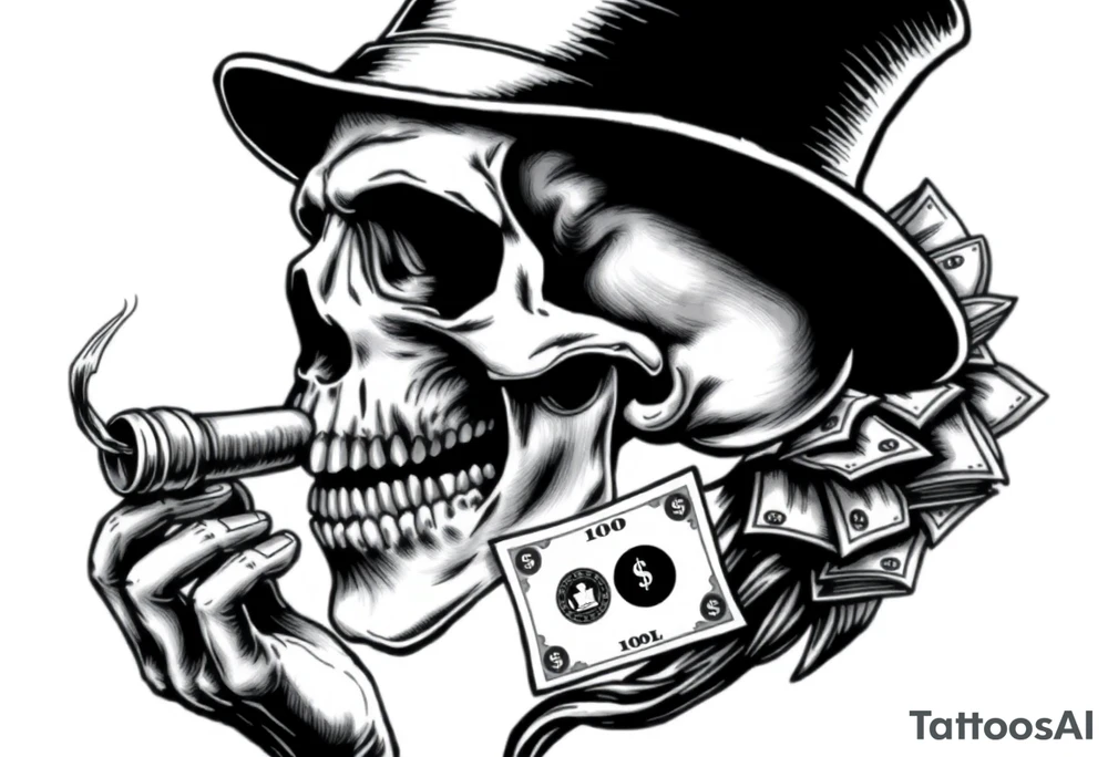 skull with mustache,a big cigar in his mouth,a top-hat on his head and alot of money in a hand. tattoo idea