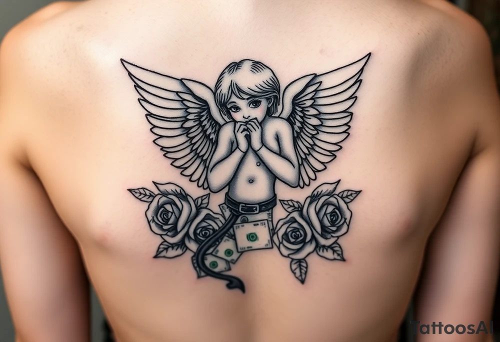 angel handcuffed ,money notes, roses around all tattoo idea