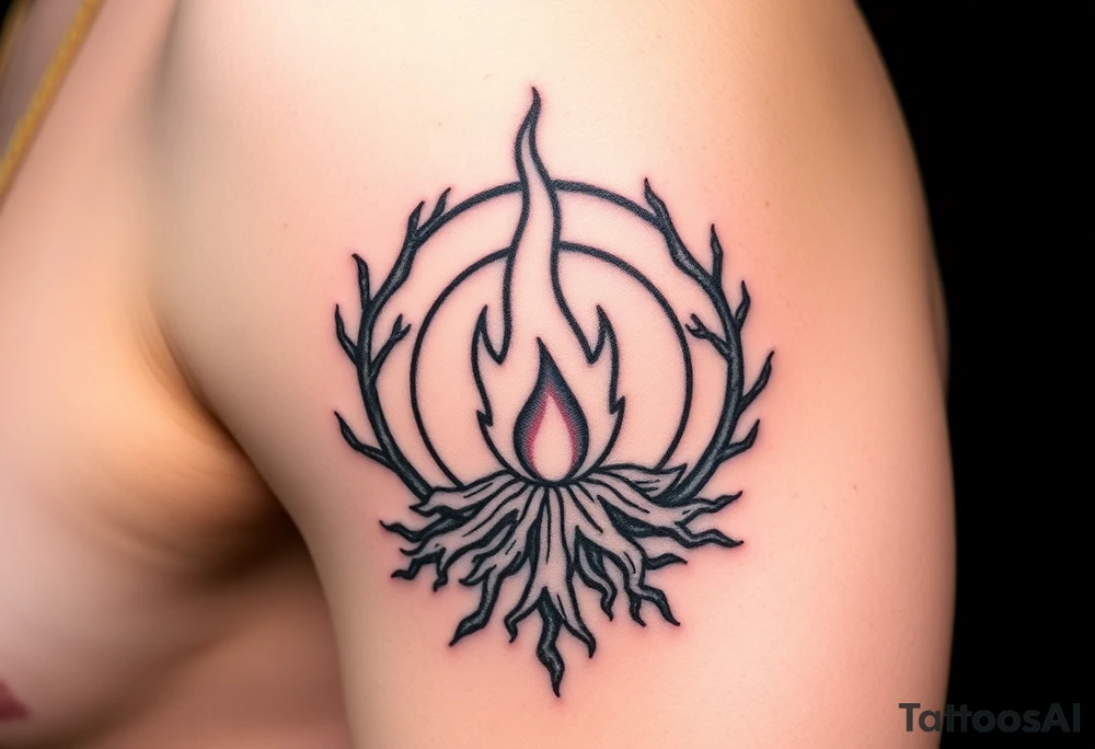 a round flame imprisoned in a roots circle tattoo idea