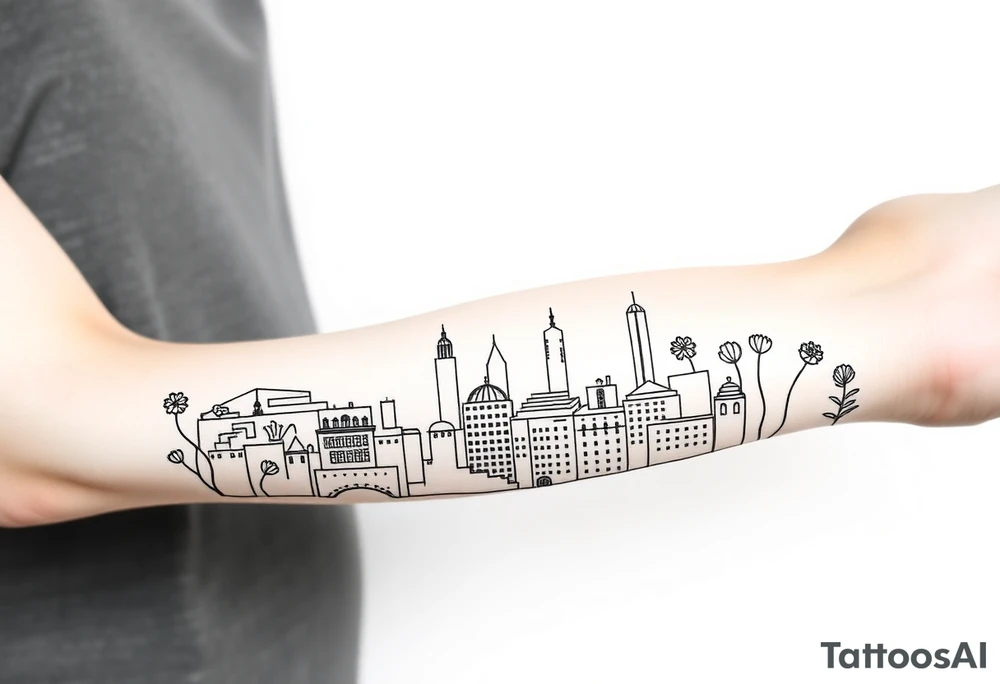 Barcelona cityscape, Spanish plants, leg sleeve tattoo idea