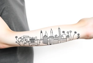 Barcelona cityscape, Spanish plants, leg sleeve tattoo idea