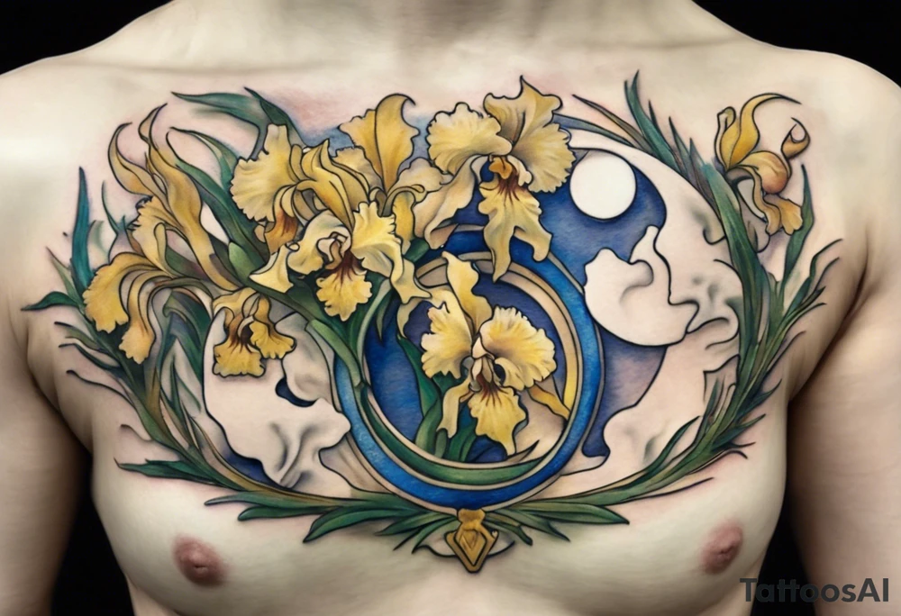 Create a colorful Vincent van Gogh Irises tattoo with an ancient Greek female statue in the middle in white marble. The tattoo should take the form of a crescent, with vines gracefully intertwining at a central point in the middle of the wreath.  The intended placement is on the upper chest. The overall design should be small in size while maintaining a delicate and artistic aesthetic. Pay attention to the graceful flow of the vines and the placement of the irises to achieve a refined and elegant look. tattoo idea