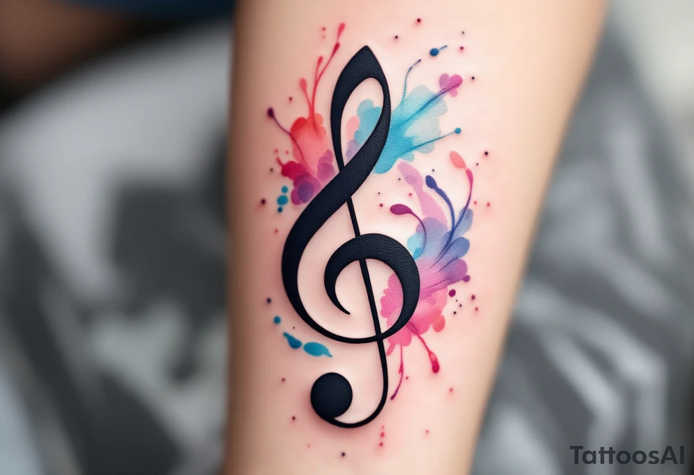 Treble Clef and Watercolor Swirl – A bold treble clef in black, surrounded by a swirl of soft blue, purple, and pink watercolor, representing the fluidity and emotion of music. tattoo idea