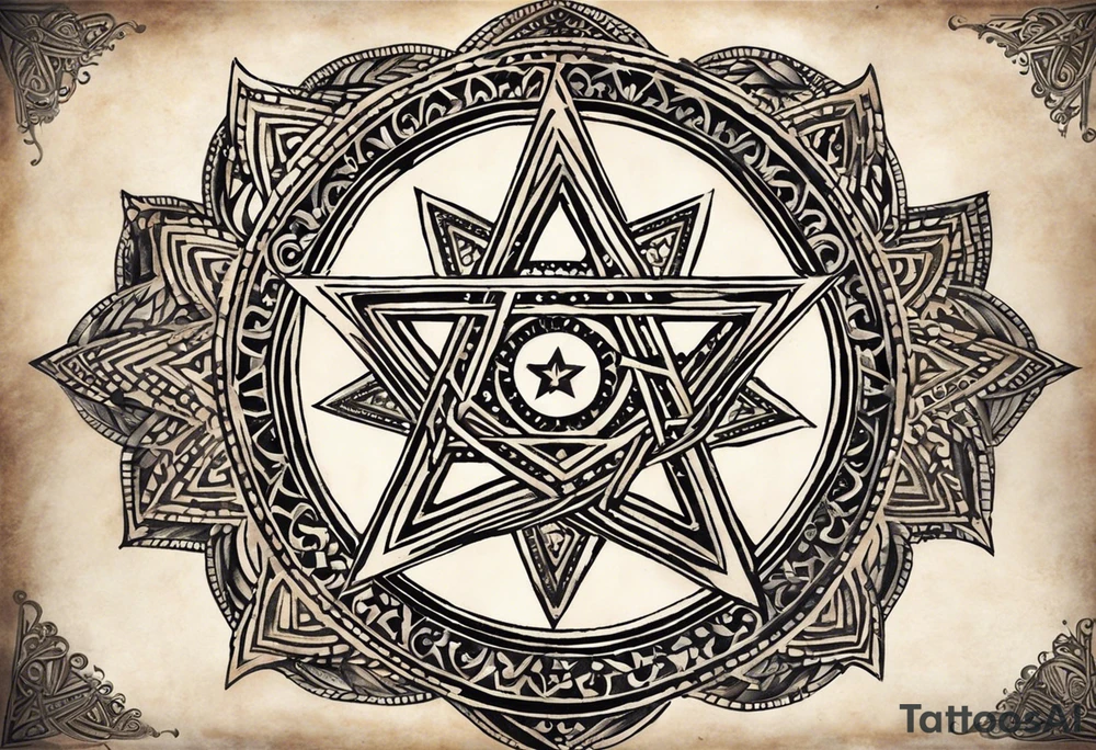I would like two symmetrical tattoos on the left and right sides of my chest. The main element should be a Star of David (six-pointed star) on each side. Inside each star, I want the Armenian Wheel of Eternity.

	•	The Wheel of Eternity should be placed in the center of the Star of David, with a circular, swirling design to symbolize infinity and continuous life cycles. It should be detailed but simple enough to blend seamlessly with the star.
	•	The overall look should be bold, clean, and geometric, with a modern and minimalist style. tattoo idea