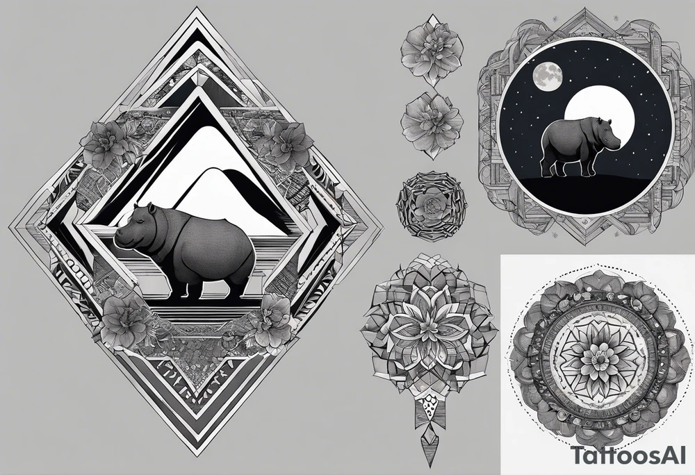 Very asymmetrical, +geometric pattern, with realistic full moon, with hippo,+tribal, +geometric, +inkart , +blackwork, +grey scale, + sketch
with wintersweet flower bud, +inkart touch, +for men, detailed , combined favourite , tattoo idea