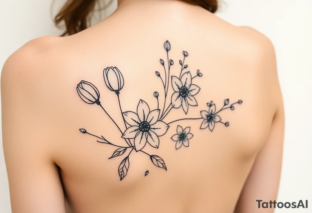 botanical tattoo with flowers such as tulips and lilies and cherry blossoms on the upper arm tattoo idea