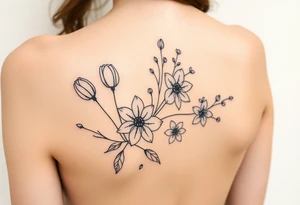 botanical tattoo with flowers such as tulips and lilies and cherry blossoms on the upper arm tattoo idea