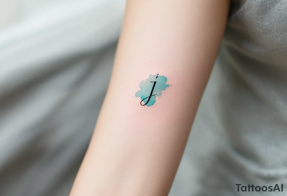 Minimalist thin-line "J" in crisp black, floating above a soft watercolor teal splash. tattoo idea