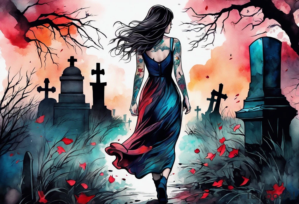 Woman with a tear running down her face walking out of a graveyard  leaving her old terrifying, scary, violent past behind her ethereal and mysterious tattoo idea