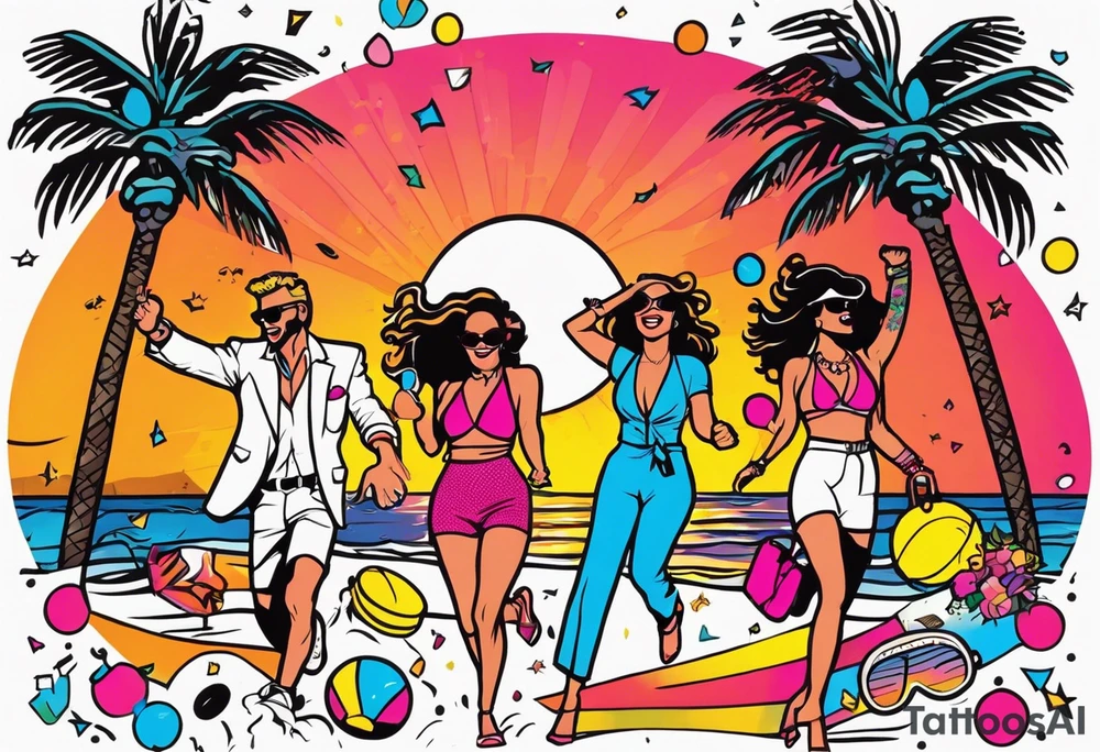 1980's miami vice style beach dance 
party, include confetti, music notes, boom box, bikinis sunset in the center tattoo idea