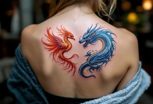 One partner wears a fierce red-orange phoenix, while the other bears a cool silver-blue dragon, united as fire and wisdom. tattoo idea
